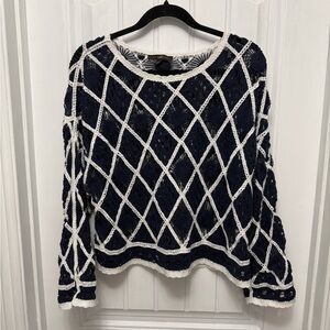 Hazel Blue And White Sun Crop Crochet Sweater Size L/XL Beautiful Pattern